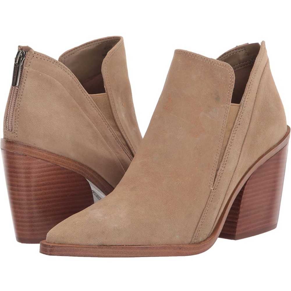 Vince Camuto VP-Gradon Tortilla Cow Split Suede Stacked Heel Booties 8.5 NWOB